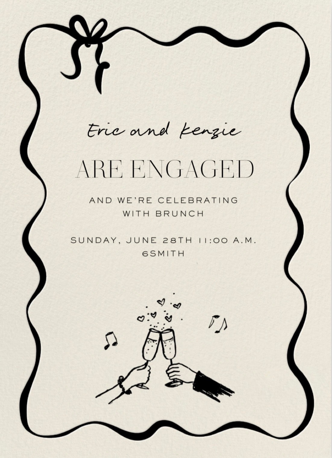 Eric and Kenzie are engaged — celebrating with brunch. Sunday, June 28th at 11:00 A.M. at 6Smith.